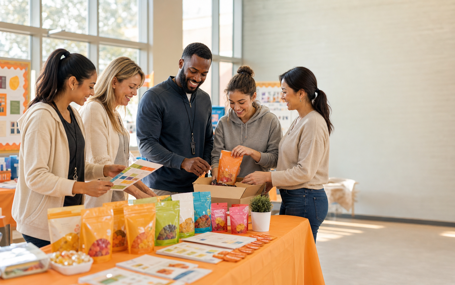 Community organizers preparing a colorful gummy fundraiser together